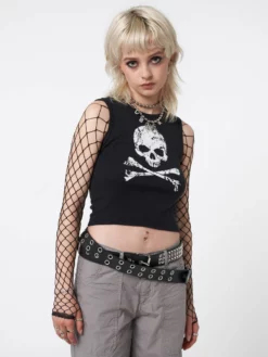 Minga London Most Wanted Skull Crossbones Black Vest Top