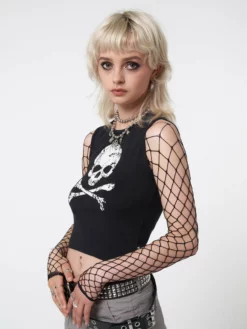 Minga London Most Wanted Skull Crossbones Black Vest Top