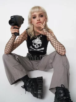 Minga London Most Wanted Skull Crossbones Black Vest Top