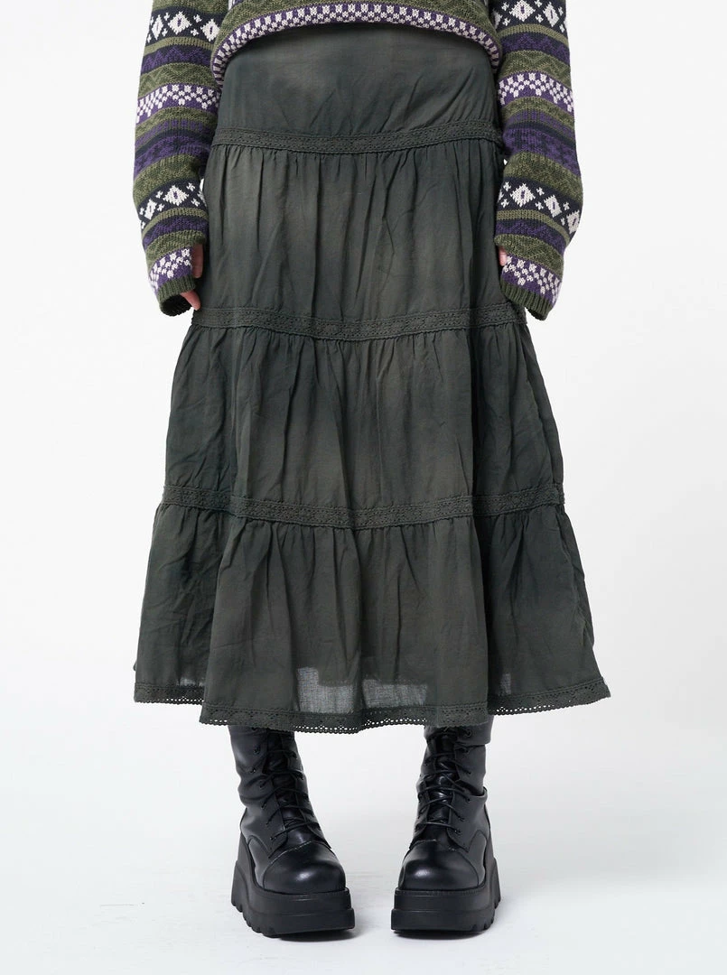 Minga London Stained Green Ruffle Lace Maxi Skirt