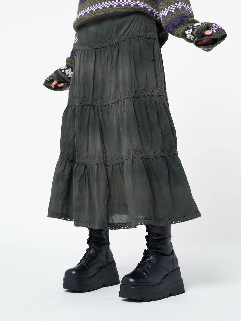 Minga London Stained Green Ruffle Lace Maxi Skirt