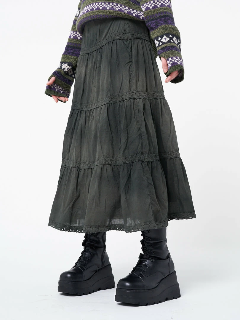 Minga London Stained Green Ruffle Lace Maxi Skirt