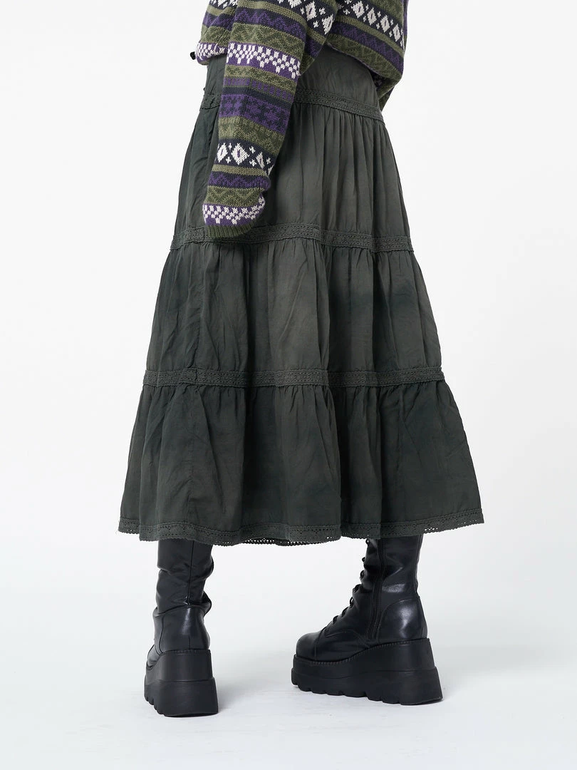 Minga London Stained Green Ruffle Lace Maxi Skirt