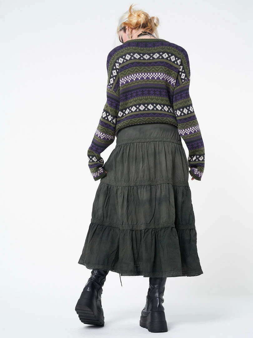 Minga London Stained Green Ruffle Lace Maxi Skirt