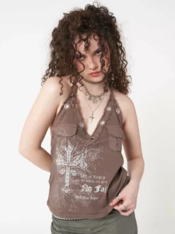 Minga London Tracy Eyelet Brown Halter Top Clothing