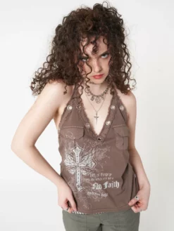 Minga London Tracy Eyelet Brown Halter Top Clothing